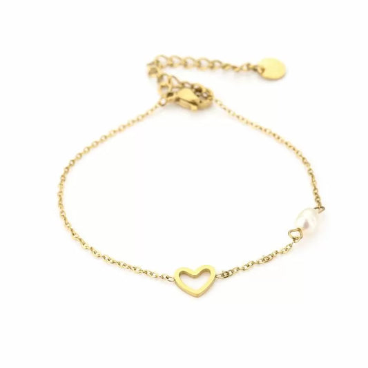 Heart & pearl armband goud